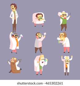 Set Of Funny Mad Scientists In Lab Coats