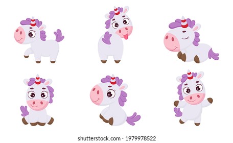 Set of funny magic unicorn with different poses. Cute magical unicorn cartoon character for print, cards, baby shower, invitation, wallpapers, decor. Bright colored childish stock vector illustration