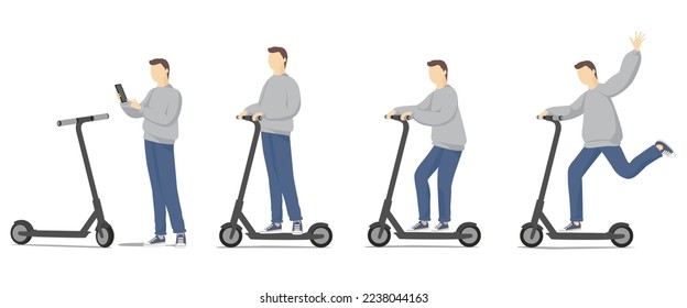 Set of funny man riding kick scooters. Flat cartoon vector illustration.