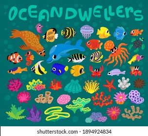 set of funny marine life