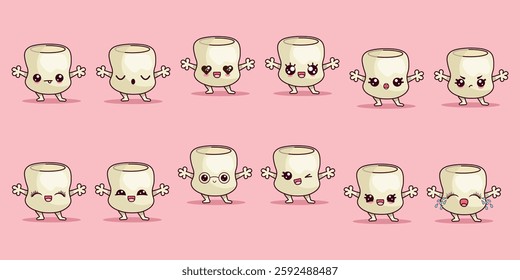 Set of funny marshmallow character in kawaii style with different emotions. Mascot character vector illustration	