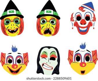 Set of funny masks for Halloween. Vector illustration isolated on white background.