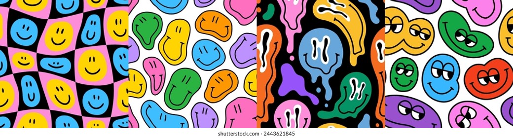 Set of funny melting smiling face colorful cartoon seamless pattern. Retro psychedelic happy icon background texture collection. Trendy vintage hippie wallpaper print bundle.