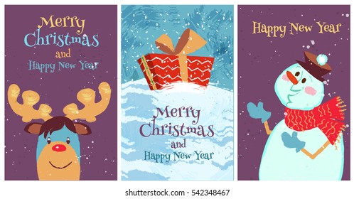 Set funny Merry Christmas card with happy christmas reindeer , snowman and gift box. Vector cartoon illustration in hand draw style.