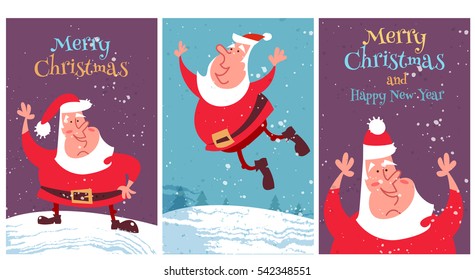 Set funny Merry Christmas card with happy Santa Claus. Vector cartoon illustration in cartoo style.