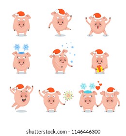 Set of funny merry pig in Santa Claus hat, a character for greeting cards and advertising for Christmas and New Year.