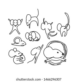 set of funny mice in line style