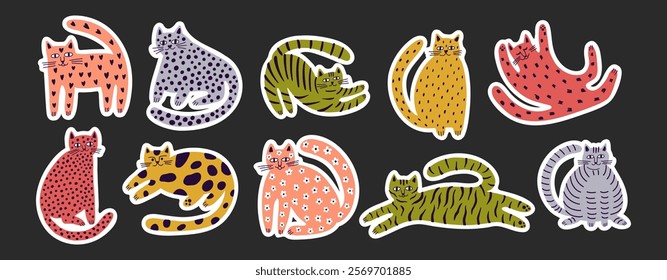 Set of funny modern cats stickers. Illustration for card, print on clothes. Vector cute kitten. Hand drawn background for design and card, covers, package, wrapping paper. 