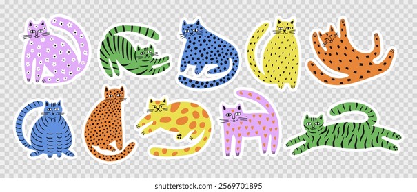 Set of funny modern cats stickers. Illustration for card, print on clothes. Vector cute kitten. Hand drawn background for design and card, covers, package, wrapping paper. 