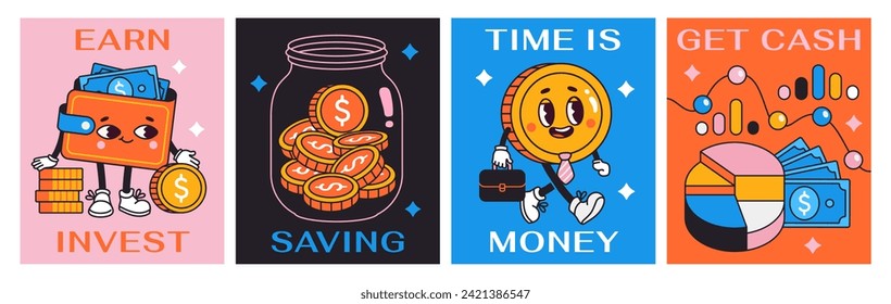 Set of funny money posters. Illustrations with groovy characters of wallet, gold coin, personal budget and savings jar. Financial literacy. Cartoon flat vector collection isolated on white background