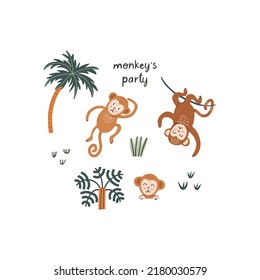 Set Of Funny Monkey In Different Poses. Vector Character In Handdrawn Style. Monkeys Party. Kids Illustration Isolated On White Background.