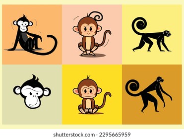 Set of funny monkey icon character vector illustration. Cute animal mascot design.