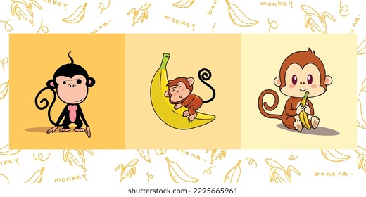 Set of funny monkey icon character vector illustration. Cute animal mascot design.