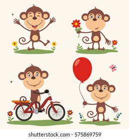 Set funny monkey play on meadow, on bicycle, with balloon and flower in cartoon style.