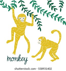Set of funny monkeys in different poses. Vector hand drawn illustration.
