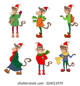 Set of funny monkeys. Isolated on white background. Vector illustration. Symbol 2016 year of the monkey