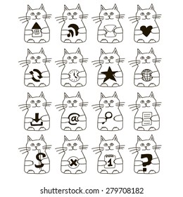 Set of funny monochrome cat icons. Cute cats in cartoon style with different pictograms in hands. Vector illustration