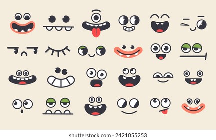 Set of funny monster faces for children's design. Flat cartoon character design.