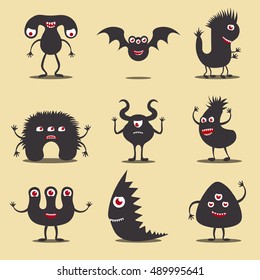 Set of funny monster icons or silhouettes. EPS10 vector collection of cute cartoon monster characters. 