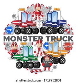 Juego de coches monstruosos divertidos. Aislado sobre fondo blanco. Ilustración vectorial.
