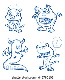 Set of funny monsters, aliens or fantasy animals for children coloring books or t-shirts. Hand drawn line art cartoon vector illustration.