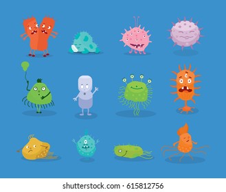 Set Of Funny Monsters Of Bacteria, In Different Positions, Different Shapes. Bacteria: Cocci, Bacilli, Virus, Soil Bacteria, Fixing Nitrogen. Modern Vector Illustration Isolated On Blue Background.