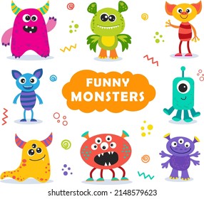 set of funny monsters in cartoon style. vector illustration for kids