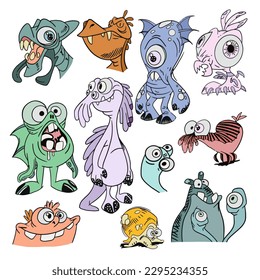 Reihe lustiger Monster. Kümmere fremde Kreaturen. Vektorgrafik außerirdischer Monster.