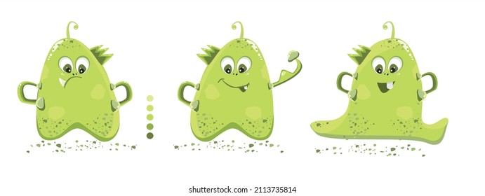 set of funny monsters with different faces with green teeth