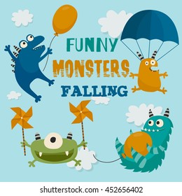 Set of funny monsters falling in the sky. Monsters with different flying crafts. Cute cartoon characters collection. Childish card, background. Vector illustration.