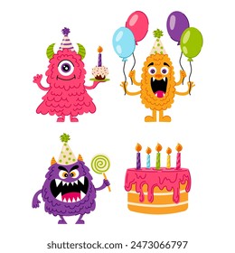 Conjunto de monstruos divertidos en estilo plano. Cumpleaños, feriado, felicitaciones. Personaje de dibujos animados para niños. Decoración para una fiesta de bebé o fiesta.