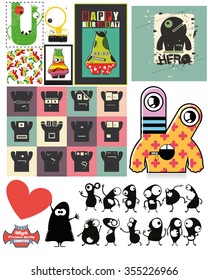Set of funny monsters. Gift cards,  invitation, cartoon illustration