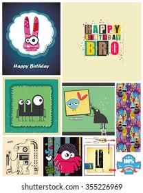 Set of funny monsters. Gift cards,  invitation, cartoon illustration