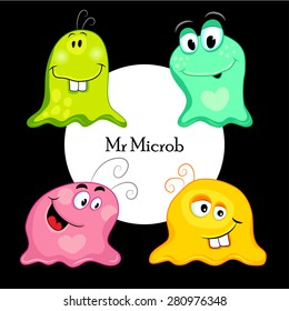 Set of funny monsters, microbes, aliens, bacterias. Yellow, green, purple, blue color. Vector illustration