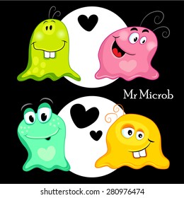 Set of funny monsters, microbes, aliens, bacterias. Yellow, green, purple, blue color. Vector illustration