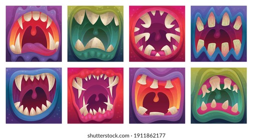 Set of funny monsters mouths with crooked sharp teeth, cartoon vector illustration isolated on white background. Monsters mouths jaws in square frames.