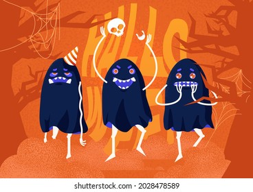 Set of funny monsters on an orange background. Concept for halloween.