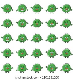Set of Funny Monsters Smilies, Symbolizing Various Human Emotions and Moods, Cartoon Green Characters with Fluffy Hair, Isolated on White. Vector
