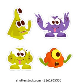 A set of funny monsters. Vector illustration in cartoon style. Colored stickers.