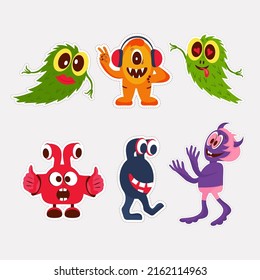 A set of funny monsters. Vector illustration in cartoon style. Colored stickers.