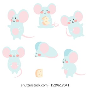 Set of funny mouse with cheese for design. Cute little mice in different poses. Vector illustration.