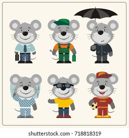 Set funny Mouse in different clothing: sportsman, worker, manager, summer, autumn, sleepwear in cartoon style.