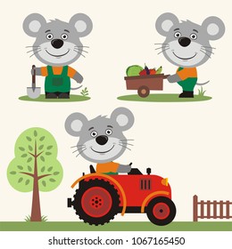 Set of funny mouse farmer is working on farm: with shovel, wheelbarrow with vegetables, in tractor. 