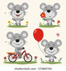 Set of funny mouse play on meadow, on bicycle, with balloon and flower in cartoon style.