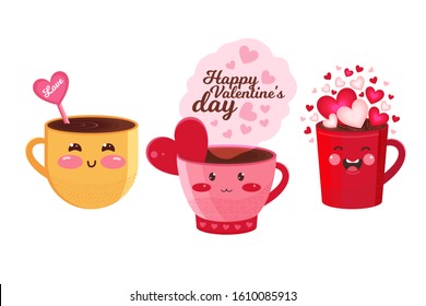 Set of funny mugs in vector. Hot chocolate, coffee, cocoa or tea with pink and red hearts. Banner or greeting card for Valentine's Day. Cute kawaii character. Cartoon vector illustration. Flat vector