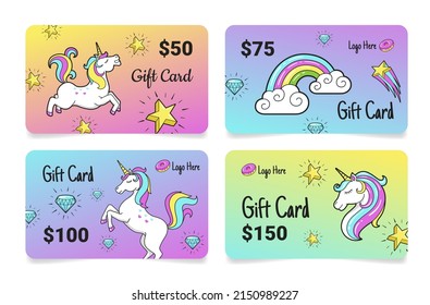 Establezca el lugar de diseño de la tarjeta de regalo de unicornio multicolor para la ilustración del vector de texto. Recogida animal de cuerno infantil de hadas con arco de lluvia gema y estrellas isométricas. Herramienta de marketing empresarial