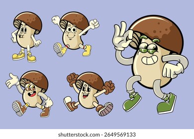 Set of funny mushroom vegetable 70s retro comic cartoon characters