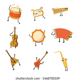 Set of funny musical instrument characters with hands and legs