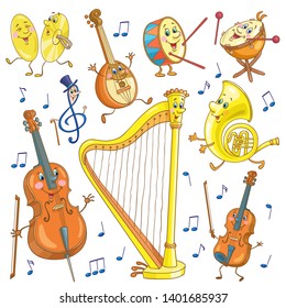 Set of funny musical instruments in cartoon style. Isolated on white background.  Vector illustration.