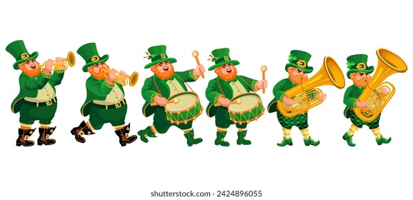 Set of funny musicians drummers, trumpeters, and tuba players in leprechaun costumes. People, cartoon characters are isolated on white. Illustration for St. Patricks Day, an Irish holiday. Vector